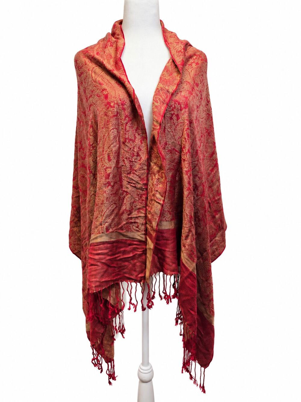 Pashmina 70% Pashmina 30% Silk Red Gold Paisley Shawl Wrap Fringe 26.5x70